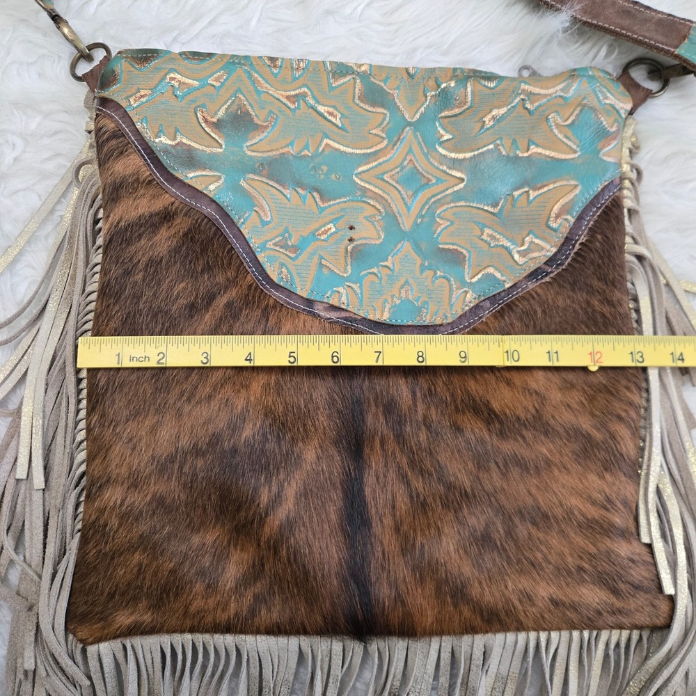 Dancing Cactus Designs Cowhide Fringe Crossbody Bag Turquoise Leather Western - Picture 7 of 16